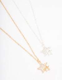 Gold & Silver Double Star Diamante Pendant Necklace Pack - link has visual effect only