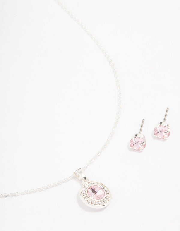 Silver Round Diamante Pink Halo Jewellery Set