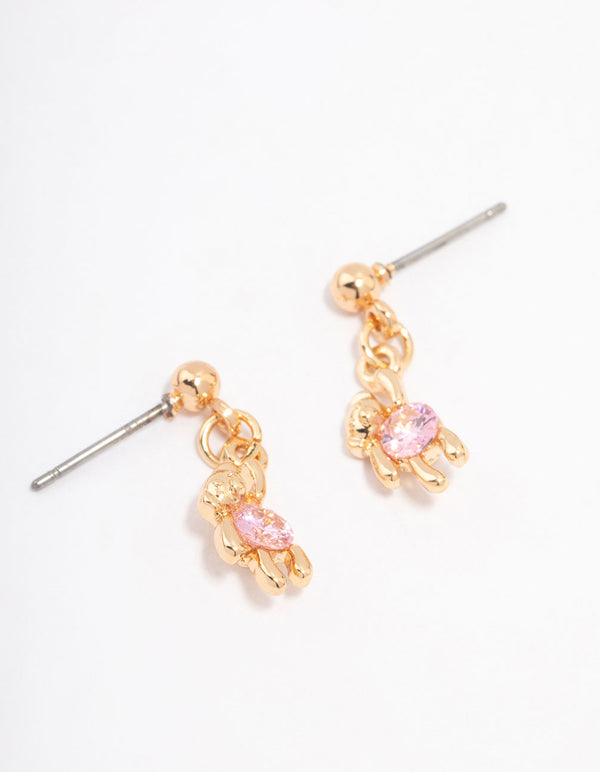 Gold Cubic Zirconia Hanging Teddy Bear Earrings