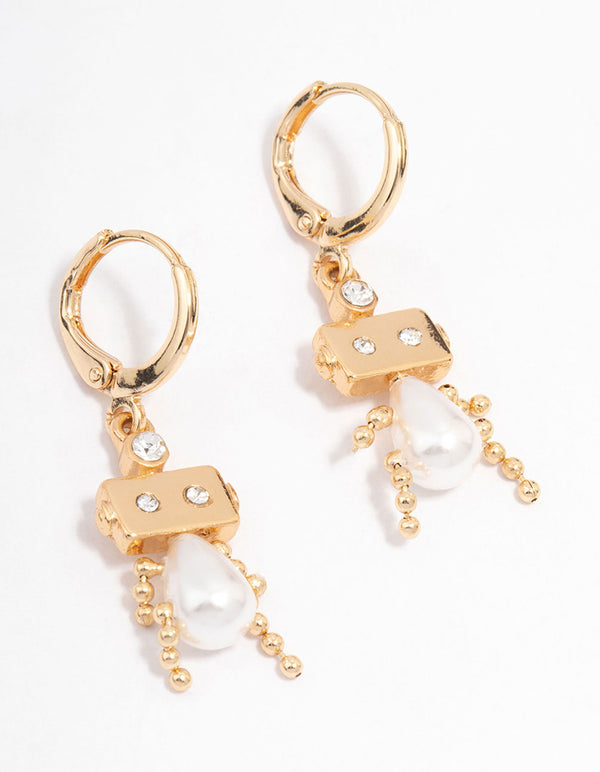 Gold Pearl Robot Huggie Hoop Earrings