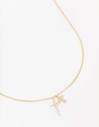 Gold Cubic Zirconia Double Cross Pendant Necklace - link has visual effect only