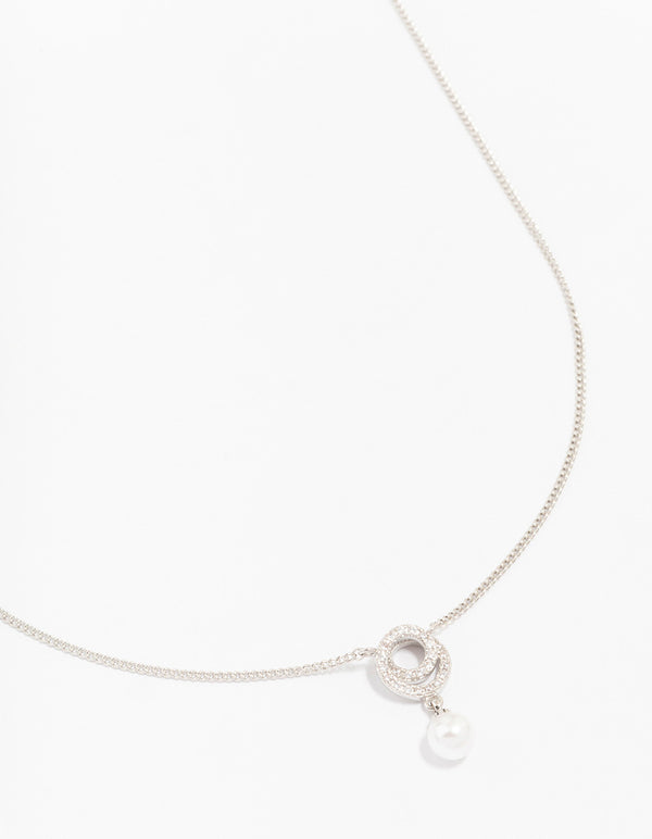 Rhodium Cubic Zirconia Swirl Pearl Necklace