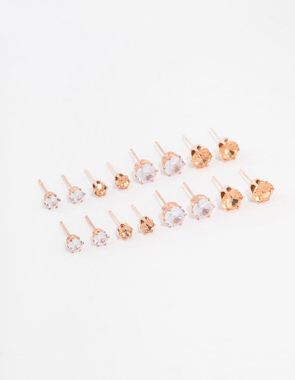 Rose Gold Basic Diamante Stud Earrings 8-Pack