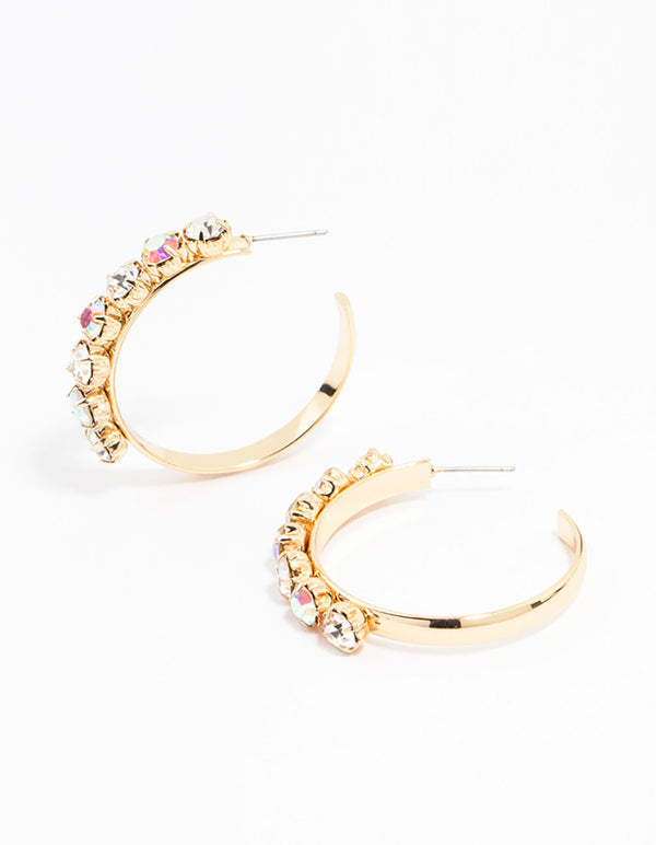 Gold Round Diamante Medium Hoop Earrings