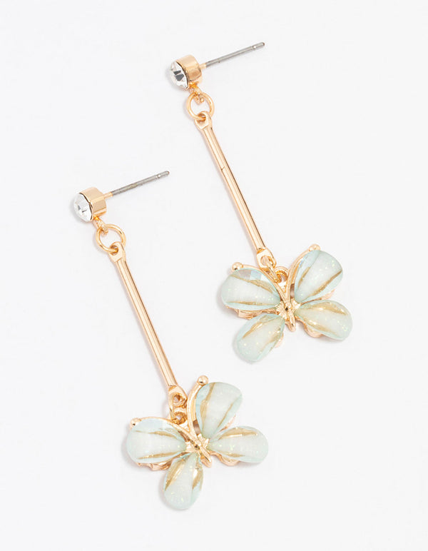 Gold Diamante Bar Butterfly Drop Earrings