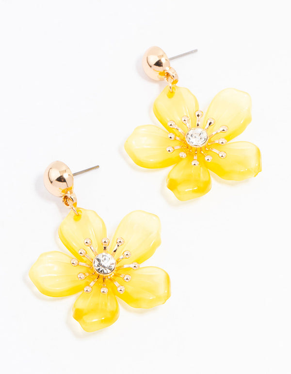 Yellow Gold Diamante Stapled Flower Drop Earrings