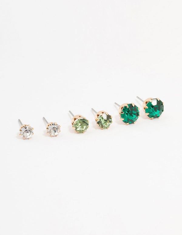 Gold Green Multi Diamante Stud Earrings 3-Pack