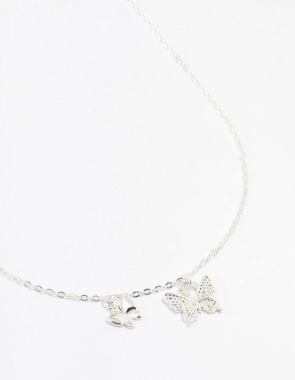 Silver Double Diamante Butterfly Necklace