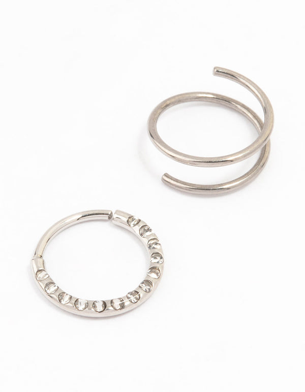 Surgical Steel Cubic Zirconia And Spiral Nose Ring 2-Pack