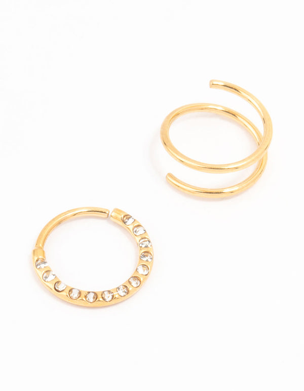 Gold Plated Cubic Zirconia And Spiral Nose 2-Pack