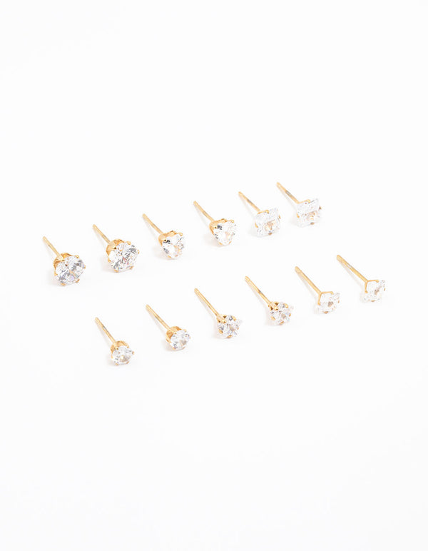 Waterproof Gold Plated Stainless Steel Cubic Zirconia Stud Earrings 6-Pack