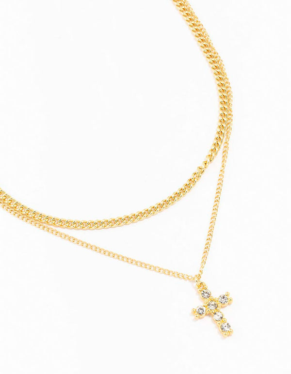 Gold Plated Diamante Cross Layered Cross Pendant Necklace
