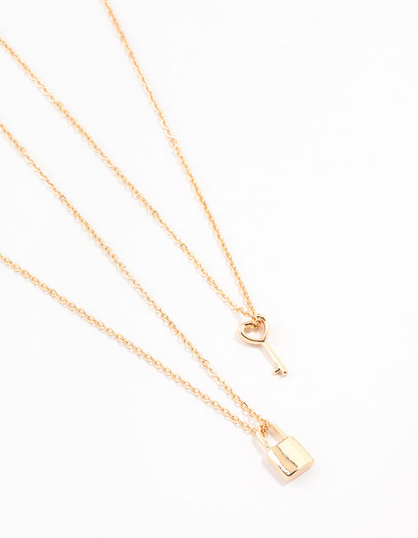 Gold Lock & Key Necklace 2-Pack