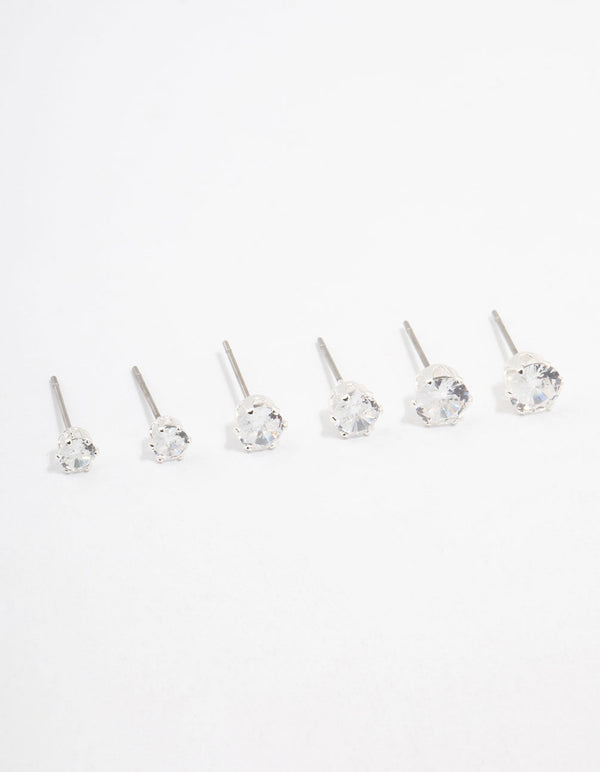 Silver Plated Cubic Zirconia Stud Earrings 3-Pack