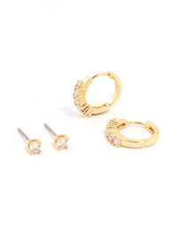 Gold Plated Cubic Zirconia Stud & Small Hoop Earrings 2-Pack - link has visual effect only