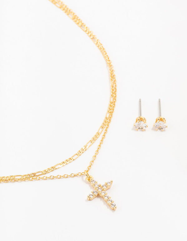 Gold Plated Cubic Zirconia Stud & Cross Necklace Set