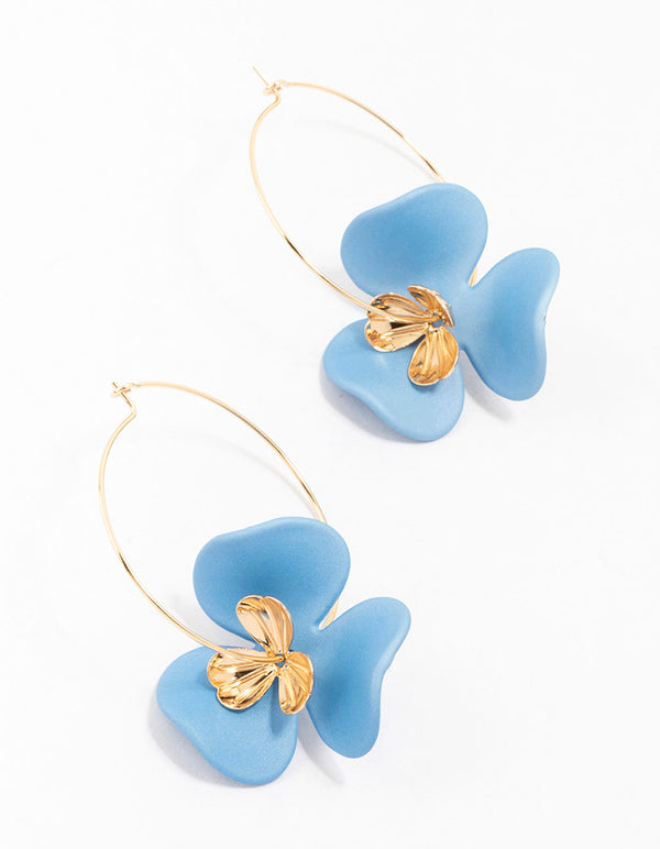 Blue Flower Petal Gold Hoop Earring