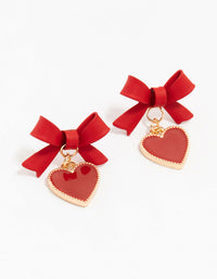 Red & Gold Coated Bow Drop Heart Stud Earrings - link has visual effect only