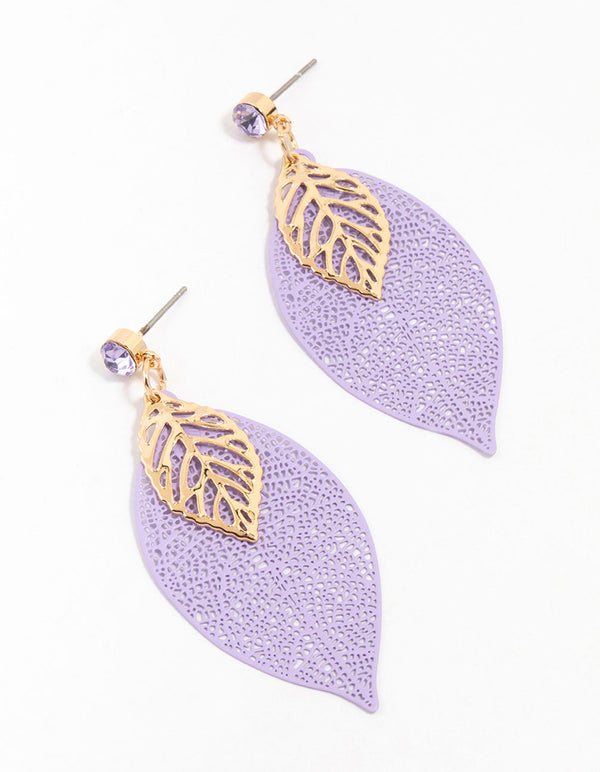 Purple & Gold Diamante Filigree Flower Drop Earrings