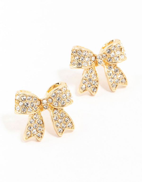 Gold Pave Diamante Bow Stud Earrings