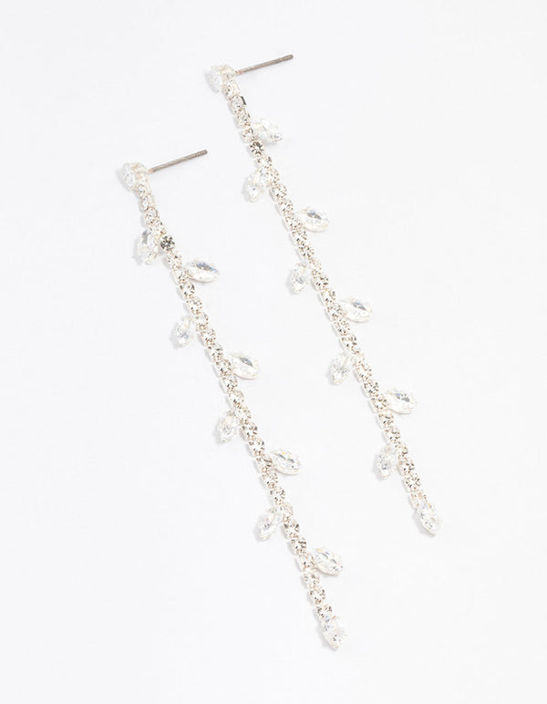 Silver Diamante Leaf Cupchain Drop Earrings