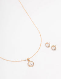 Gold Diamante & Pearl Halo Necklace & Stud Earrings Set - link has visual effect only