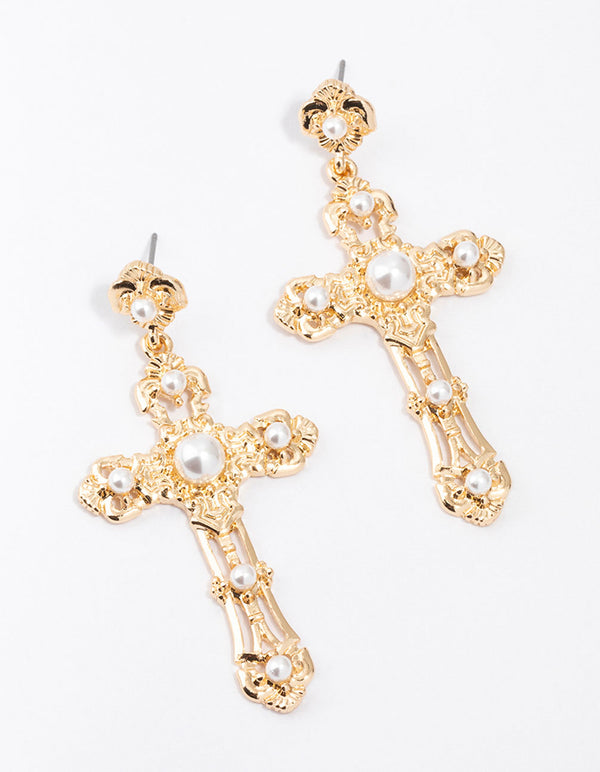 Small Gold Pearl Cross Drop Earrings