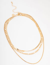 Gold 3 Row Snake Chain & Link Necklace - link has visual effect only