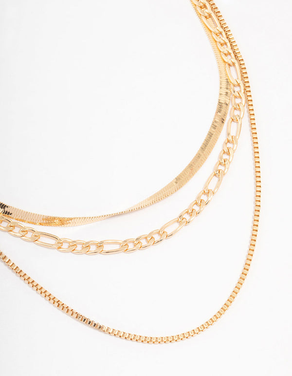 Gold 3 Row Snake Chain & Link Necklace