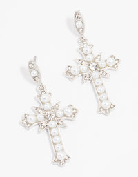 Silver Pearl Cross Drop Earrings - link has visual effect only