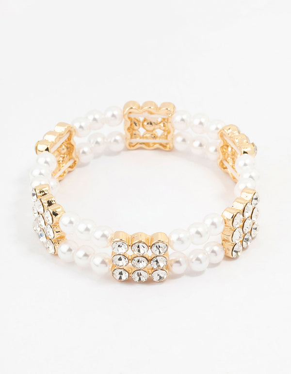 Gold Diamante & Pearl Multiple Layer Bracelet