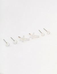 Silver Cubic Zirconia Multi Stud Earrings 3-Pack - link has visual effect only