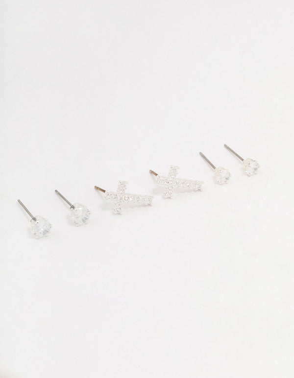 Silver Cubic Zirconia Multi Stud Earrings 3-Pack