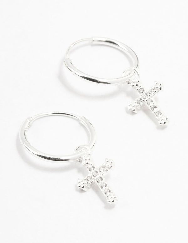 Sterling Silver Cubic Zirconia Cross Hoop Earrings