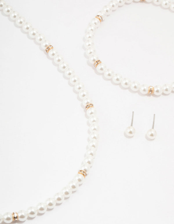 Gold Pearl Earrings, Bracelet & Necklace Multi Pack