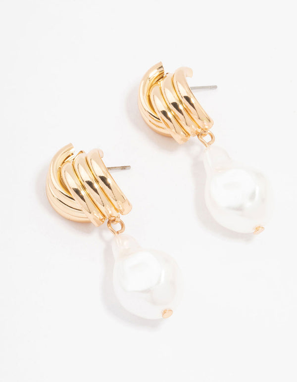 Gold Ribbed Cross Pearl Drop Earrings