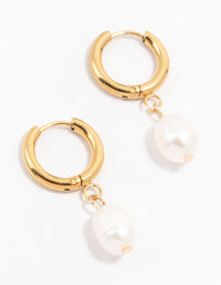 Gold Plated Stainless Steel Freshwater Pearl Drop Huggie Earrings - link has visual effect only