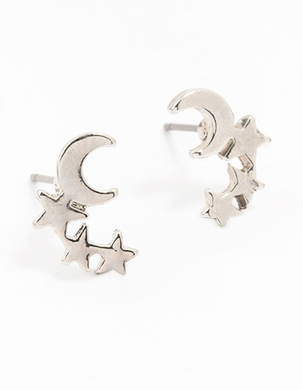 Silver Moon And Stars Stud Earrings