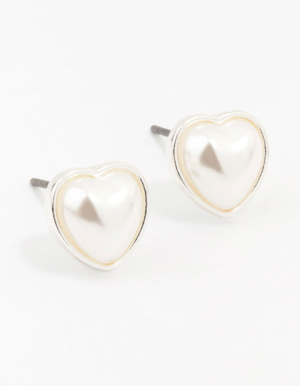 Silver Pearl Heart Stud Earrings