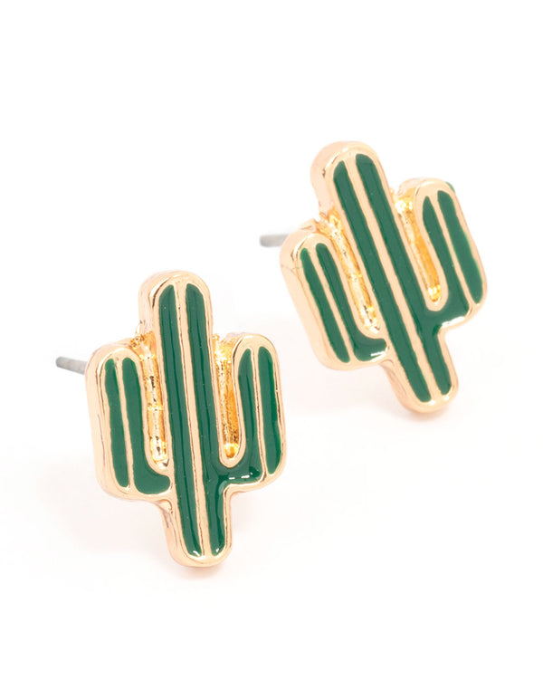 Gold Epoxy Cactus Stud Earrings