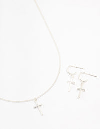 Sleek Silver Cross Necklace & Earring Set - link has visual effect only