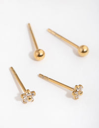 Gold Plated Surgical Steel Ball & Flower Stud Earrings 2-Pack - link has visual effect only