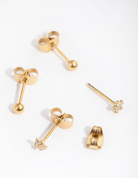 Gold Plated Surgical Steel Ball & Flower Stud Earrings 2-Pack - link has visual effect only