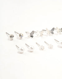 Silver Pearl Diamante Butterfly Earrings 8-Pack - link has visual effect only