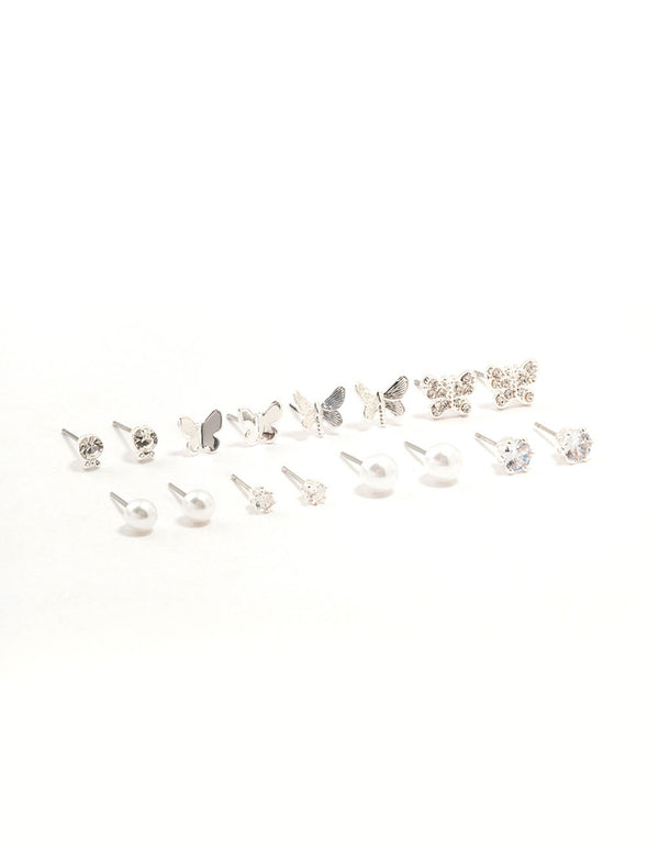 Silver Pearl Diamante Butterfly Earrings 8-Pack