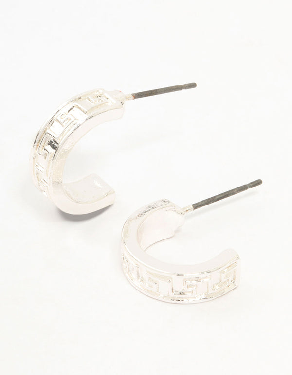 Silver Wide Greek Key Huggie Earrings