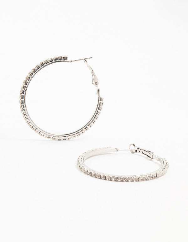 Silver Large Skinny Diamante Hoop Earrings