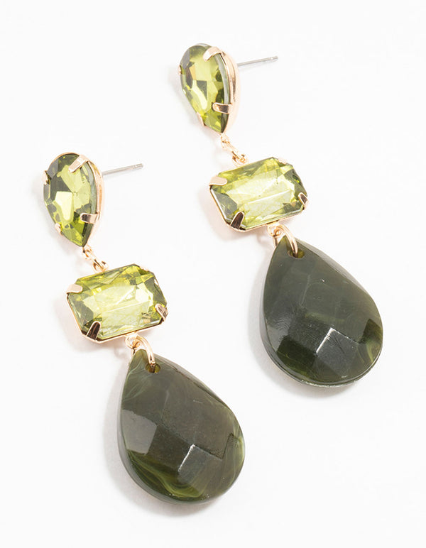 Gold Rectangular Green Diamante Drop Earrings