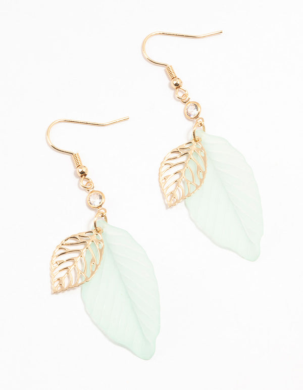 Gold Filigree Green Acrylic Leaf Drop Earrings