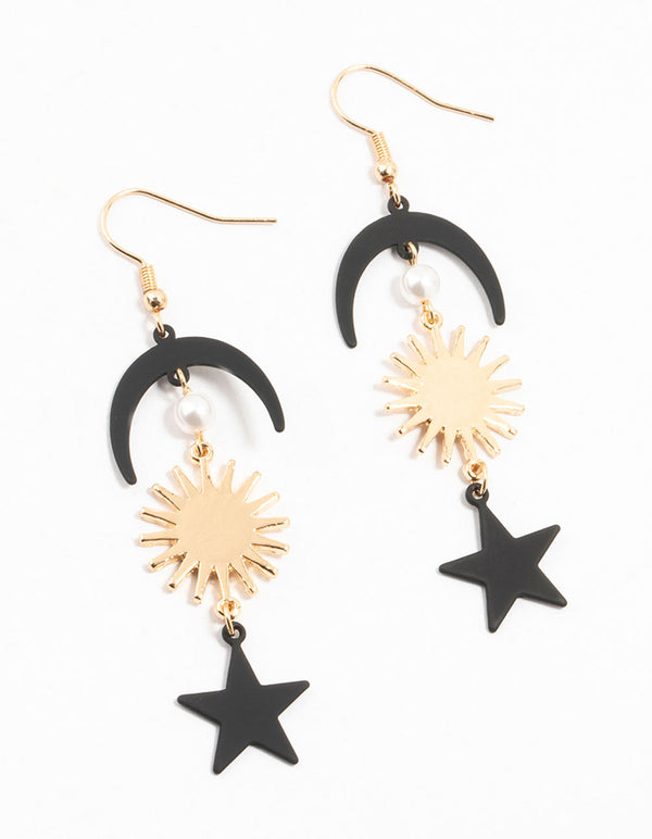 Gold & Black Crescent & Star Pearl Drop Earrings